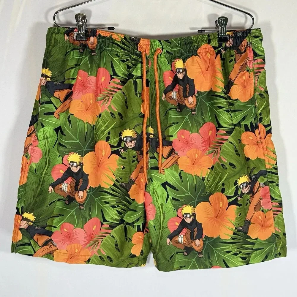 Naruto Mens Swim Trunks Shorts Black Anime Manga Cartoon Beach Swimwear Sz XXL